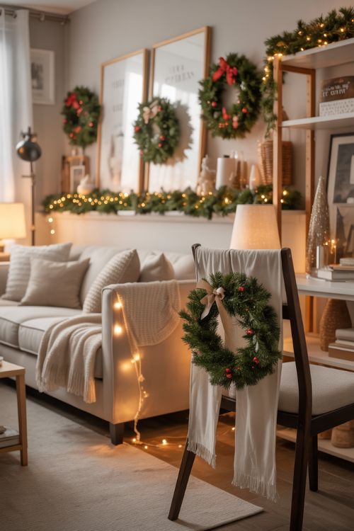 Small apartment living room decorated for Christmas with wreaths on art, ribbons on chairs, and garlands on shelves, showing cozy, space-saving holiday decor using existing furniture