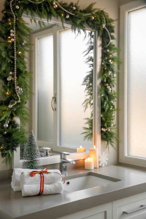 Christmas bathroom decor with garlands around a mirror, metallic bead accents, candles, and festive holiday bathroom accessories.