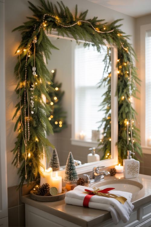 Christmas bathroom decor with garlands around a mirror, metallic bead accents, candles, and festive holiday bathroom accessories.