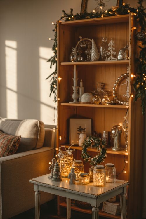 Living room corner decorated with thrift store and budget-friendly Christmas items, including garlands, ornaments, candle holders, and fairy light jars, creating a warm, cozy, and affordable holiday atmosphere.