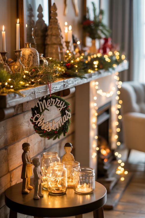 Living room corner decorated with thrift store and budget-friendly Christmas items, including garlands, ornaments, candle holders, and fairy light jars, creating a warm, cozy, and affordable holiday atmosphere.