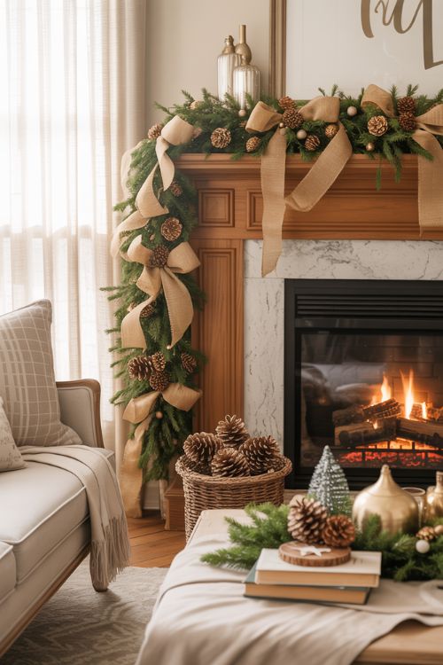 Living room decorated with elegant yet inexpensive Christmas decor, featuring burlap ribbons, gold-painted pinecones, faux greenery, soft throws, and subtle metallic accents, creating a cozy and chic holiday atmosphere.
