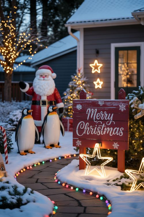 Front yard decorated for Christmas with twinkling LED lights, life-sized Santa and snowmen inflatables, rustic wooden decorations, and DIY wire-frame stars and candy canes.