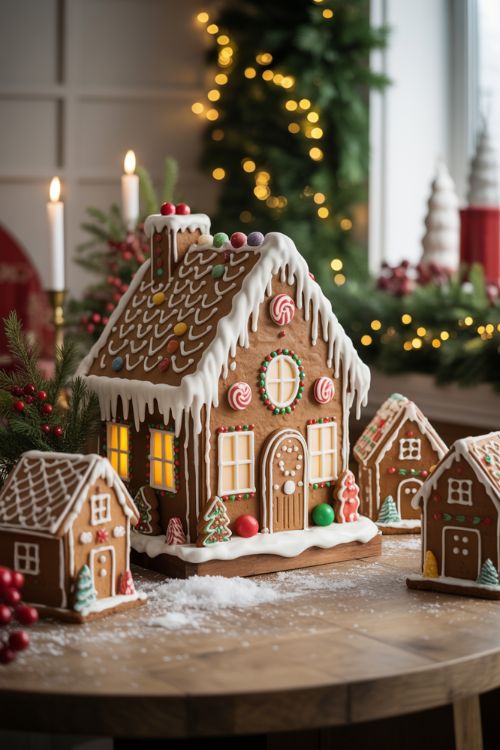 Gingerbread houses decorated with icing, candy details, faux snow, and glowing LED lights for a cozy Christmas display.