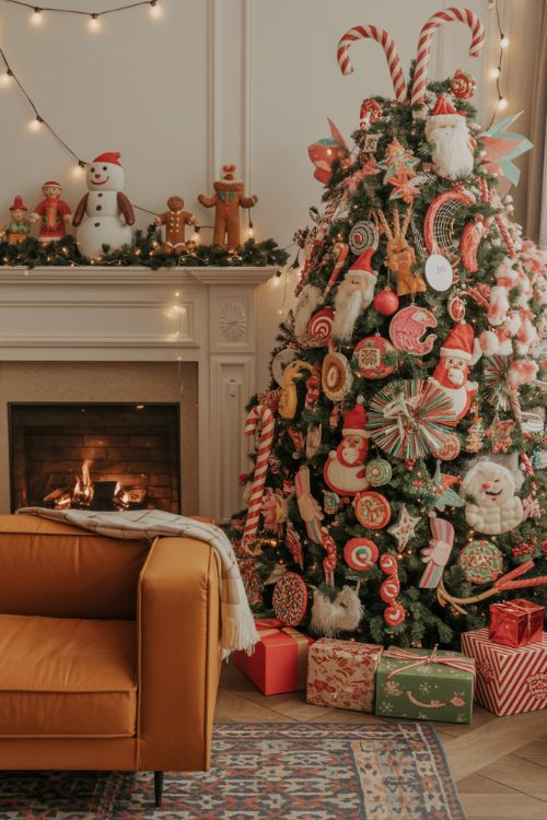 A vibrant Christmas living room decorated with maximalist and playful holiday décor, featuring oversized candy canes, quirky animal ornaments, retro Santas, and a pink pony carousel bauble for a joyful, kitschy look