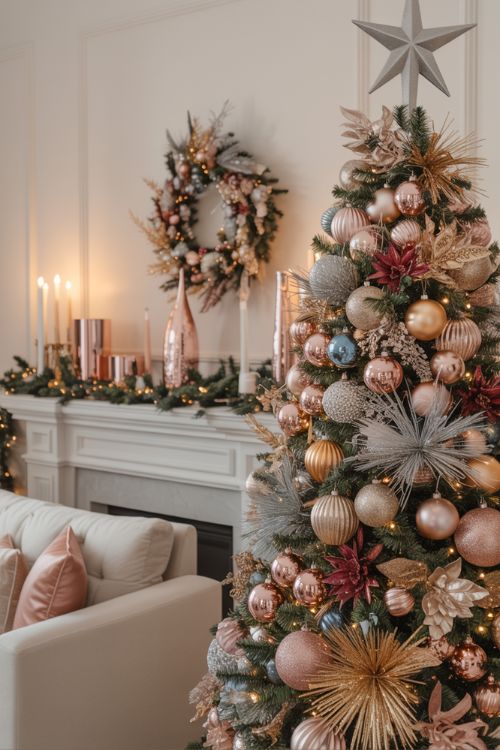 An elegant Christmas living room featuring metallic accents in gold, silver, and rose gold with jewel-toned ornaments, metallic wreaths, and a shimmering silver tree topper for a glamorous holiday look