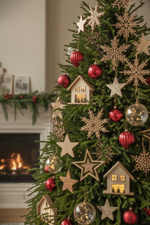 Mixing Wooden and Modern Christmas Ornaments for a Balanced Tree