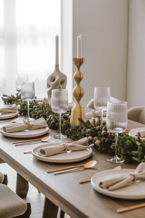 Modern and minimalist Christmas table decor with white plates, metallic accents, minimal greenery, and statement gold candleholders for a clean, elegant festive look.