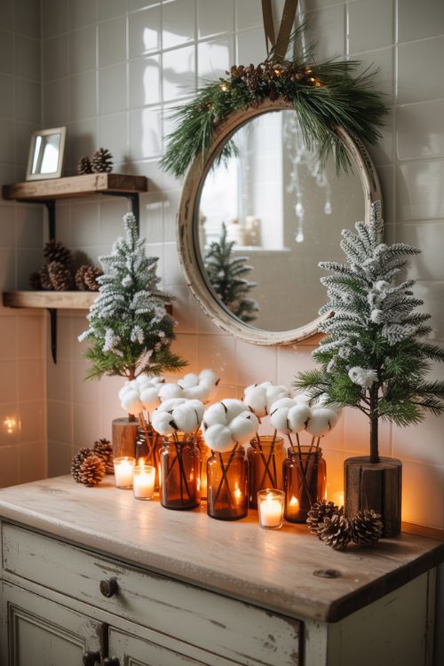 Rustic Christmas bathroom decor with cedar stems, mini pine trees, faux garland, glass jars, and pinecones.