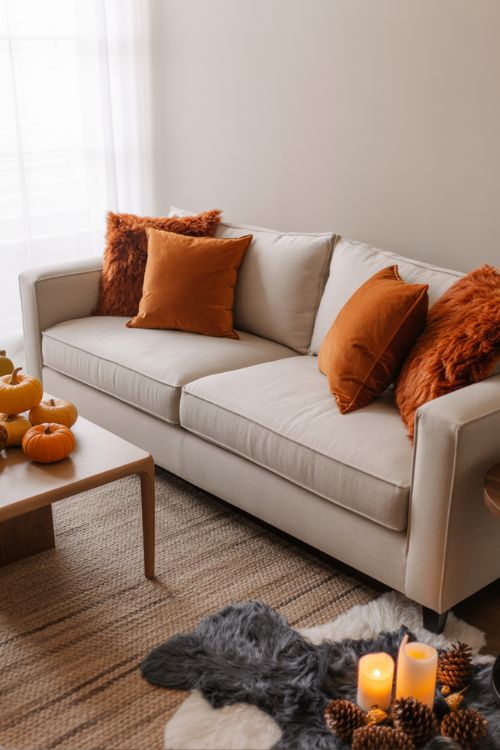 Neutral living room with seasonal accents—orange pillows and pumpkins for fall, navy pillows and candles for winter—showing how a neutral base transitions decor effortlessly.