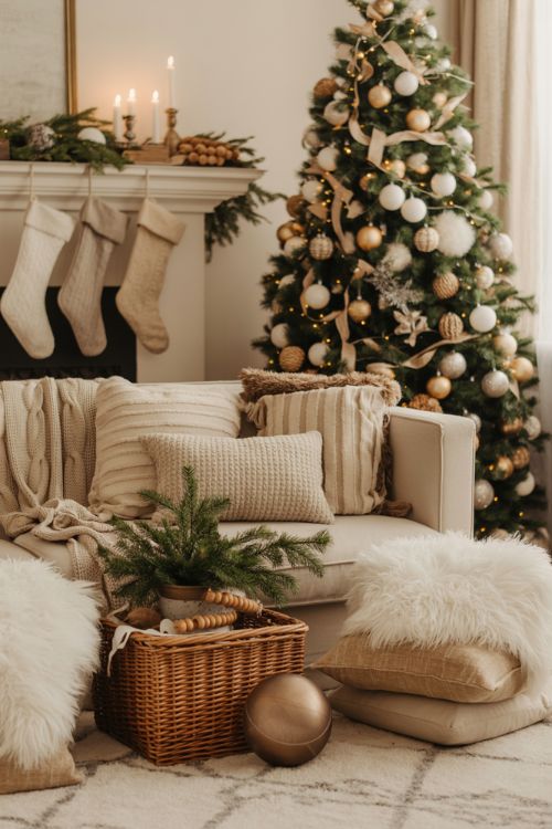 Neutral Christmas decor living room with beige and ivory tones, cozy knitted throws, fur cushions, wooden accents, and a softly glowing Christmas tree with white, gold, and silver ornaments.