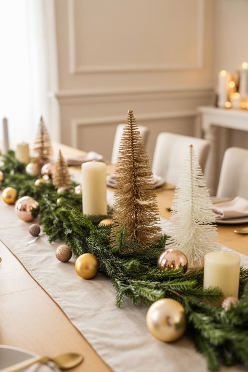 Neutral Christmas dining table with ivory linen runner, natural pine garland, gold and white candles, bronze and white mini trees, mercury glass ornaments, creating an elegant, cozy holiday tablescape.