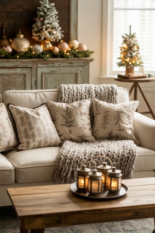 Neutral holiday living room with soft throws, patterned cushions, vintage rugs, fabric sofa, wooden coffee table, metallic lanterns, small Christmas trees, and vintage décor creating a cozy, layered, and festive atmosphere.