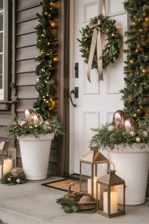 Neutral outdoor Christmas decor with white ceramic planters filled with greenery, warm white fairy lights, bronze lanterns with candles, and a greenery wreath with ivory ribbon on the front door, creating an elegant and welcoming holiday entrance.