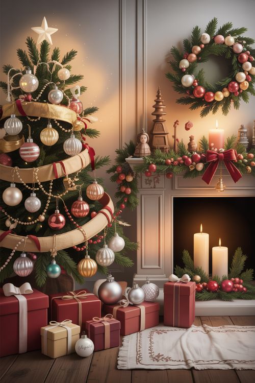 A cozy Christmas living room featuring vintage-inspired decorations with mercury glass ornaments, retro baubles, velvet ribbons, and heirloom figurines for a nostalgic holiday atmosphere