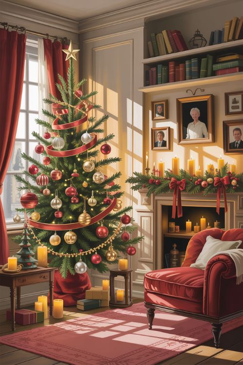 A cozy Christmas living room featuring vintage-inspired decorations with mercury glass ornaments, retro baubles, velvet ribbons, and heirloom figurines for a nostalgic holiday atmosphere