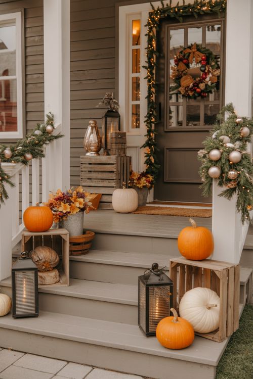 Front porch decorated with pumpkins, autumn leaves, lanterns, evergreen garlands, fairy lights, and subtle ornaments, blending Thanksgiving and Christmas decor.
