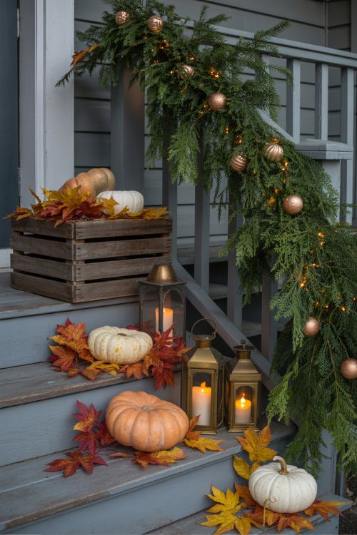 Front porch decorated with pumpkins, autumn leaves, lanterns, evergreen garlands, fairy lights, and subtle ornaments, blending Thanksgiving and Christmas decor.