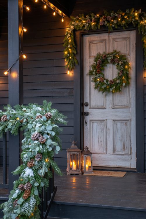 Front porch decorated with pine garland, lanterns, winter wreath, and twinkle lights for a cozy outdoor fall to winter transition.