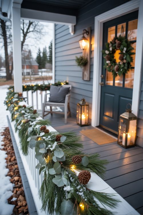 Front porch decorated with pine garland, lanterns, winter wreath, and twinkle lights for a cozy outdoor fall to winter transition.