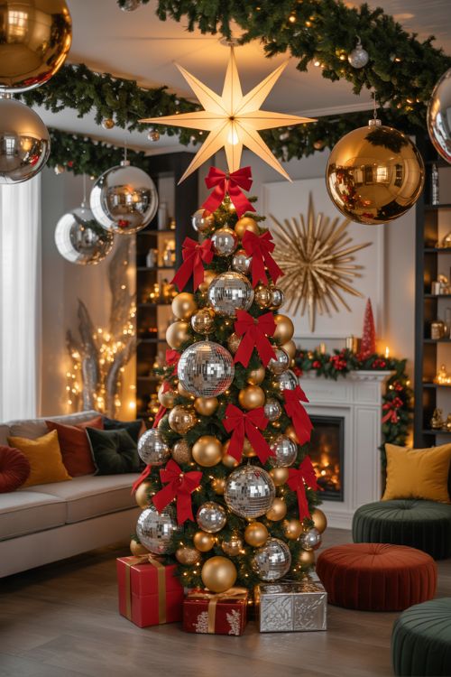 A festive living room featuring oversized and statement Christmas decorations with giant baubles, disco balls, large bows, and hanging paper stars for a bold holiday look