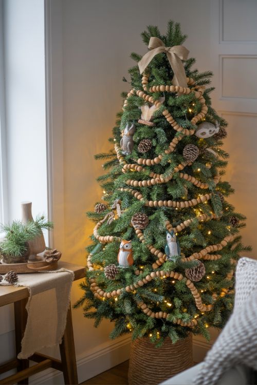 Living room featuring a Woodsy Christmas tree decorated with pinecones, wooden beads, woodland animal ornaments, and warm white lights, creating a cozy, nature-inspired holiday ambiance.