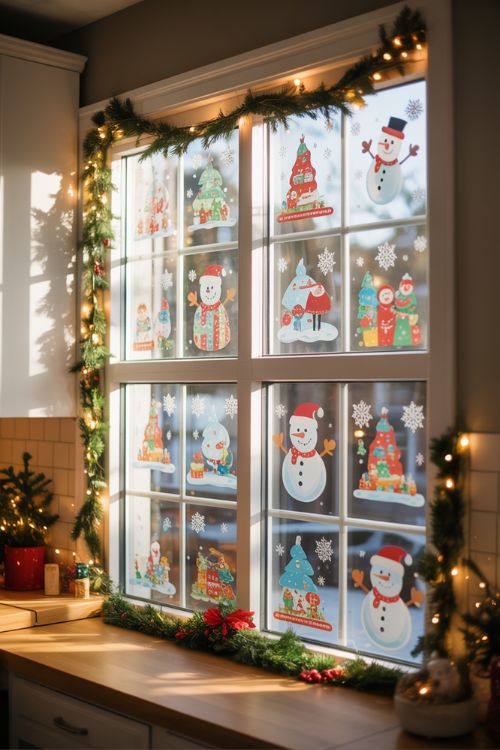 Playful Christmas Window Decorations with Creative Clings and Stickers
