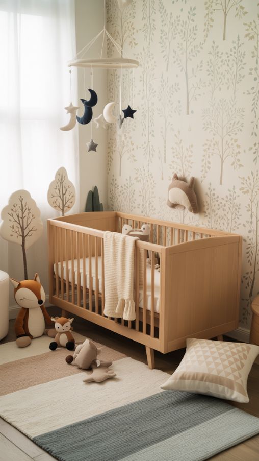 A gender-neutral nursery with a cozy and modern feel, soft beige and cream walls, warm natural wood crib, woodland animal plush toys and wall decals, botanical wallpaper with muted green and cream tones, soft gray rug with layered textures, ceiling mobile featuring moons and stars in navy and white, minimal geometric patterns in soft sherbet tones on throw pillows, natural sunlight streaming in, warm and inviting atmosphere, photorealistic detail, professional interior design photography for Pinterest inspiration. Keywords/Focus: neutral nursery ideas, gender-neutral nursery decor, woodland animal nursery theme, botanical nature nursery, cosmic nursery design.