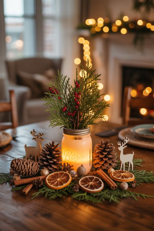 Rustic Christmas Table Centerpiece with Pinecones, Cinnamon, and Candle