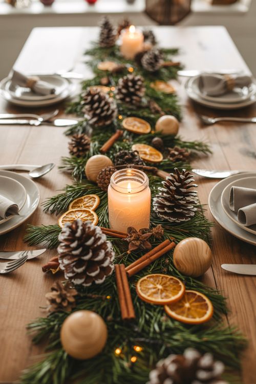 Rustic Christmas Table Centerpiece with Pinecones, Cinnamon, and Candle