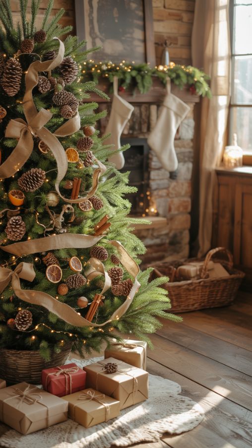 Rustic Christmas Tree Ideas with Natural Decorations and Cozy Living Room