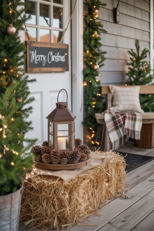 Rustic Farmhouse Christmas Front Porch with Hay Bale and Lantern
