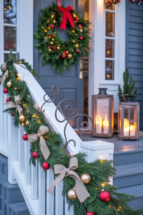 Safe and Stylish Christmas Porch Garland and Wreath Ideas