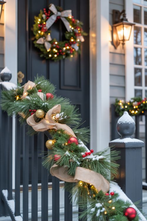 Safe and Stylish Christmas Porch Garland and Wreath Ideas
