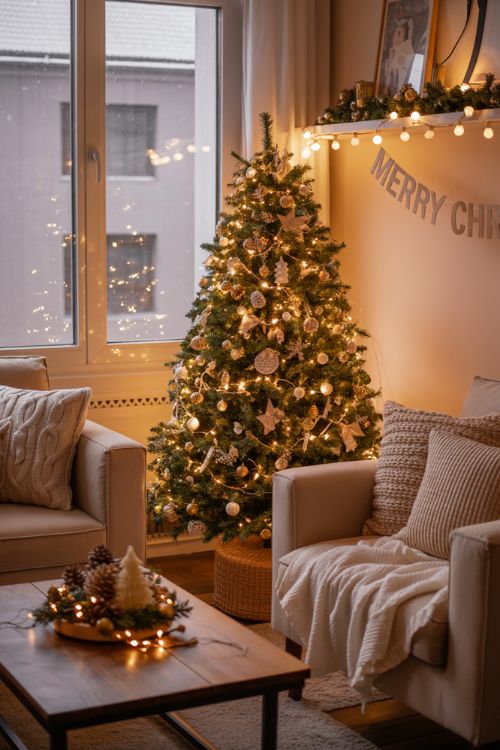 Cozy small apartment living room decorated for Christmas with a mini tree, warm lights, garlands, and festive holiday accents, showing space-saving decor ideas for a magical holiday vibe