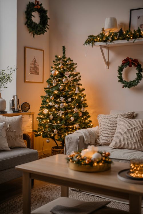 Cozy small apartment living room decorated for Christmas with a mini tree, warm lights, garlands, and festive holiday accents, showing space-saving decor ideas for a magical holiday vibe