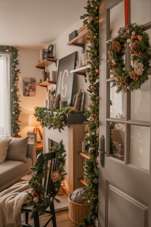 Small apartment interior decorated with Christmas garlands on shelves and mantel, and a festive wreath on the door, showcasing cozy, space-saving holiday decor ideas