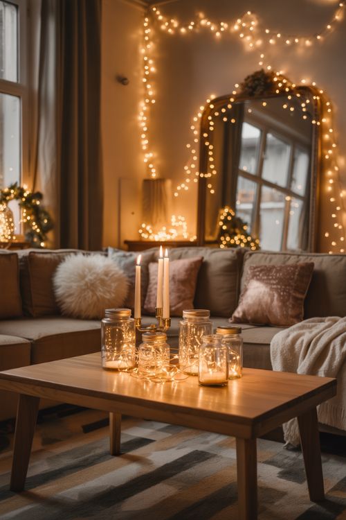 Small Apartment Christmas Decor with Twinkling Lights and Cozy Ambiance