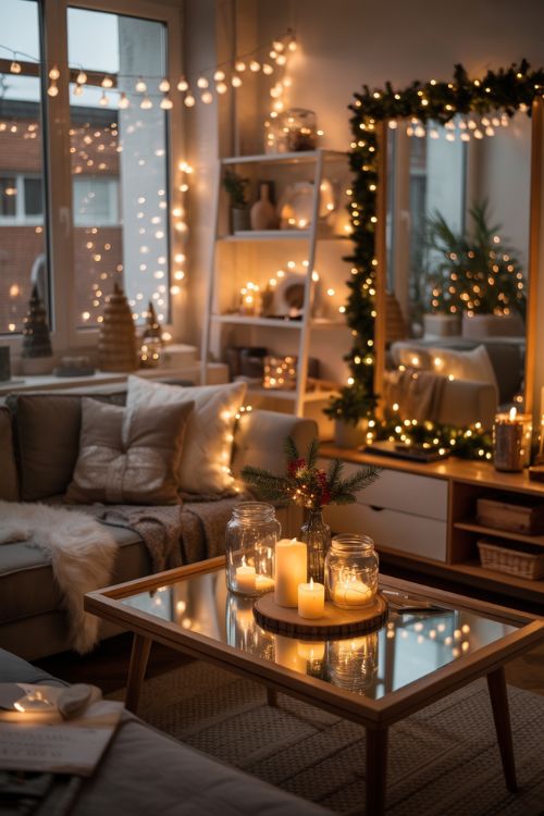 Small Apartment Christmas Decor with Twinkling Lights and Cozy Ambiance