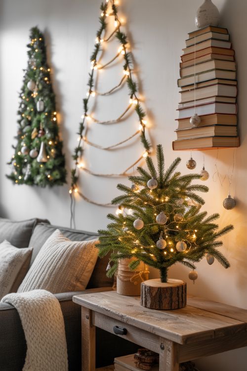 Small apartment living room with mini tabletop Christmas tree, wall-mounted string light tree, and alternative book tree, showcasing space-saving holiday decor ideas in a cozy festive setting