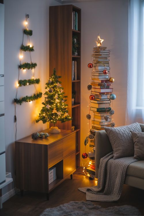 Small apartment living room with mini tabletop Christmas tree, wall-mounted string light tree, and alternative book tree, showcasing space-saving holiday decor ideas in a cozy festive setting