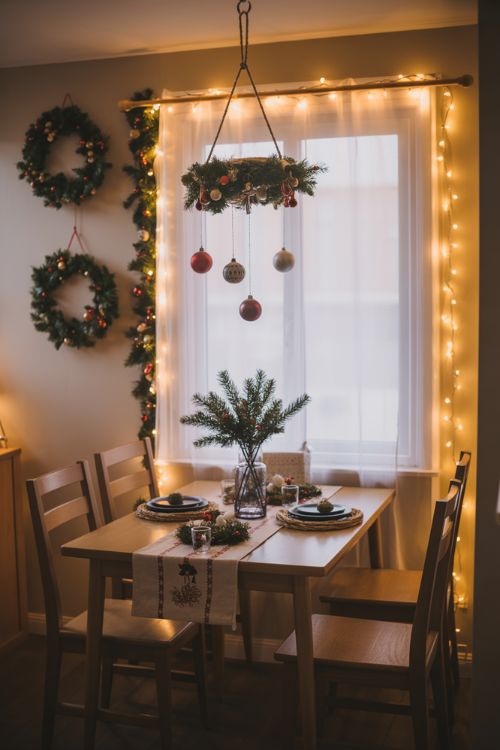 Small Christmas dining room with slim table runner, small greenery vase, hanging baubles, wall-mounted wreaths, and fairy lights on curtain rod, creating a cozy and festive holiday atmosphere