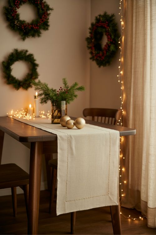Small Christmas dining room with slim table runner, small greenery vase, hanging baubles, wall-mounted wreaths, and fairy lights on curtain rod, creating a cozy and festive holiday atmosphere
