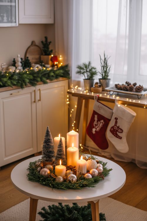 Small apartment interiors with Christmas decorations on coffee table, kitchen counter, and console table, including mini trees, candles, garlands, and wreaths, showcasing cozy, space-saving holiday styling