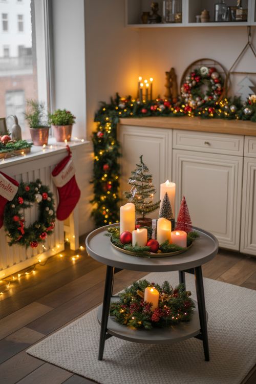 Small apartment interiors with Christmas decorations on coffee table, kitchen counter, and console table, including mini trees, candles, garlands, and wreaths, showcasing cozy, space-saving holiday styling