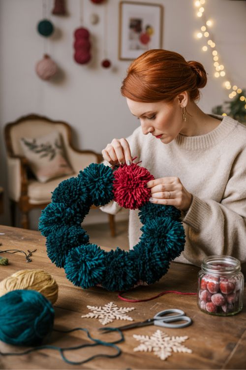 Adult crafting table with yarn wall art, intricate paper ornaments, and a pom-pom wreath, creating elegant and festive holiday decorations.