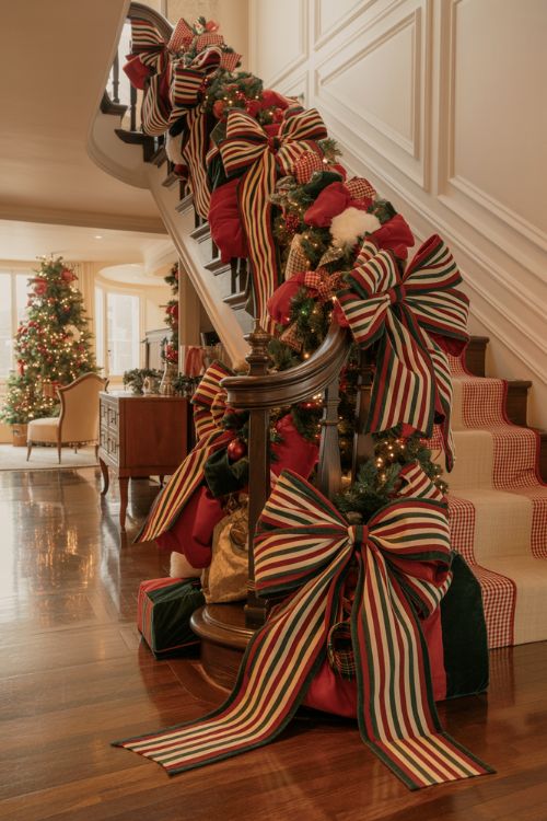 A festive Christmas living room featuring striped and statement bows on the tree, staircase, and dining chairs with oversized velvet and ribbon details for a playful, nostalgic holiday look