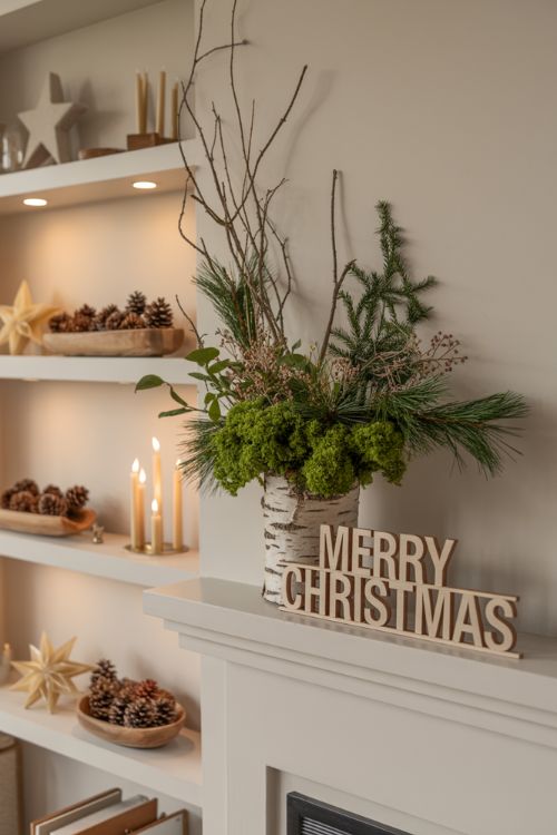 Styling the Mantel and Shelves – Minimalist Nature-Inspired Christmas Decor
