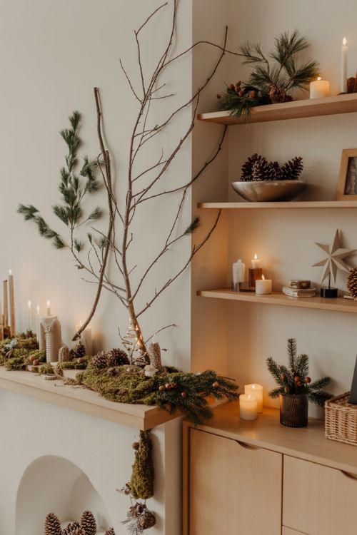 Styling the Mantel and Shelves – Minimalist Nature-Inspired Christmas Decor