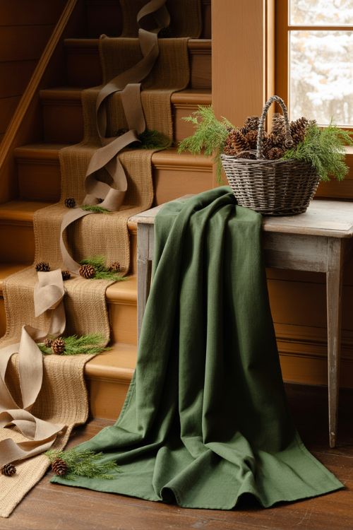 Cozy Christmas interior featuring burlap ribbons, flannel table runners, and woven baskets combined with natural elements like pinecones and evergreen sprigs, creating a layered, woodsy holiday ambiance.